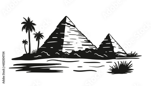 Egyptian pyramids. Pyramid of Cheops in Cairo, Giza. Vector illustration in engraving style