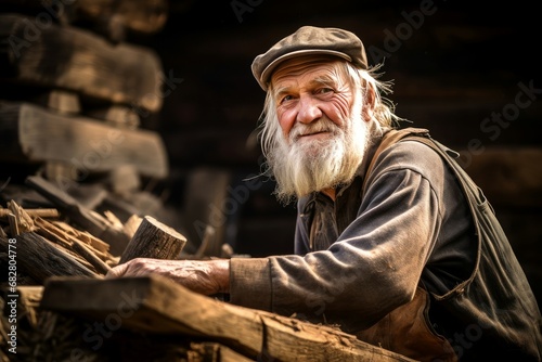 Patient Carpenter old man sawmill. Wood furniture. Generate Ai