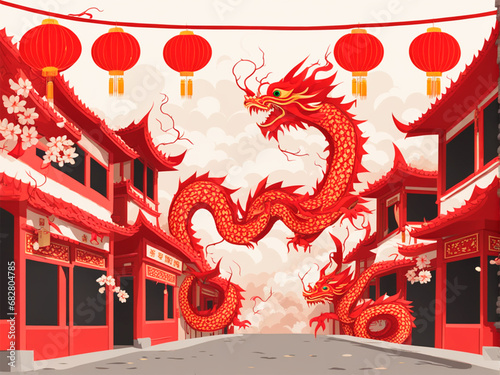 Chinese style dragon in the street with red lanterns, vector illustration.IA generativa