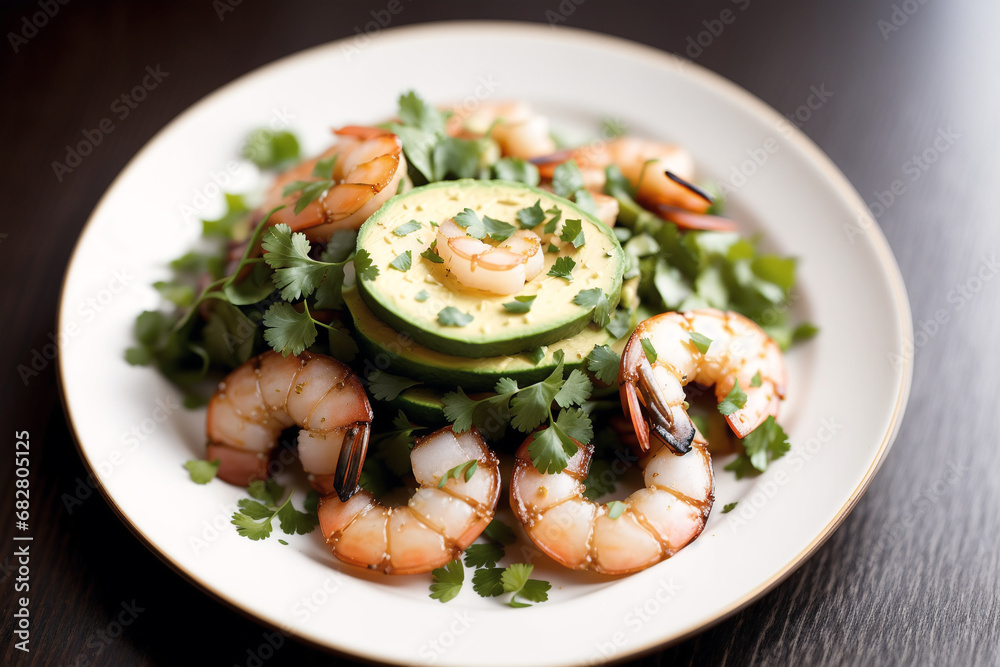 Shrimps with parsley and lemon on a white plate. Generative AI Shrimps with parsley and lemon on a white plate. Generative AI