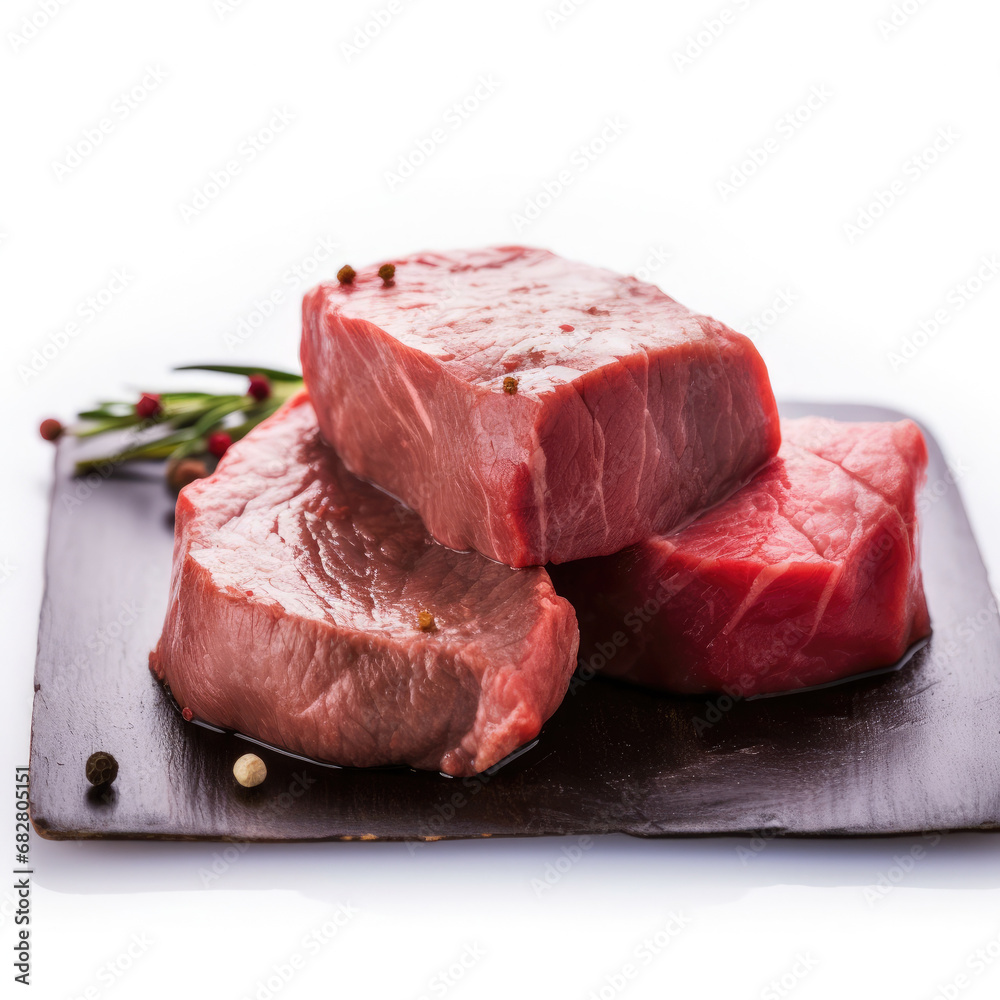 Obraz premium Raw beef steak with rosemary and peppercorns on white background