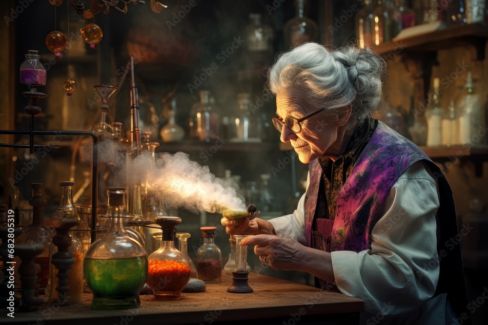 Fototapeta premium Weathered Old chemist woman in old laboratory. Light in old window. Generate Ai