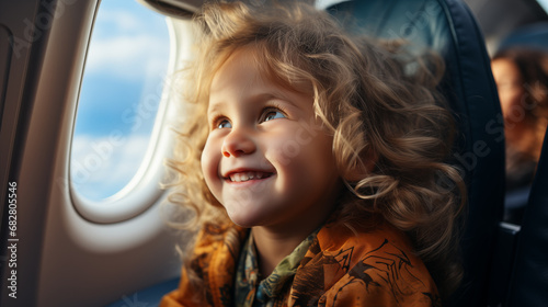 Adorable little girl looking out of airplane window. Traveling with children concept © D-stock photo