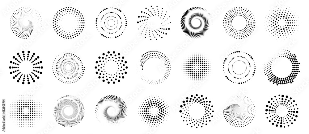 Spiral halftone dot element collection. Black spiral decoration. Circle spiral texture - obrazy, fototapety, plakaty 
