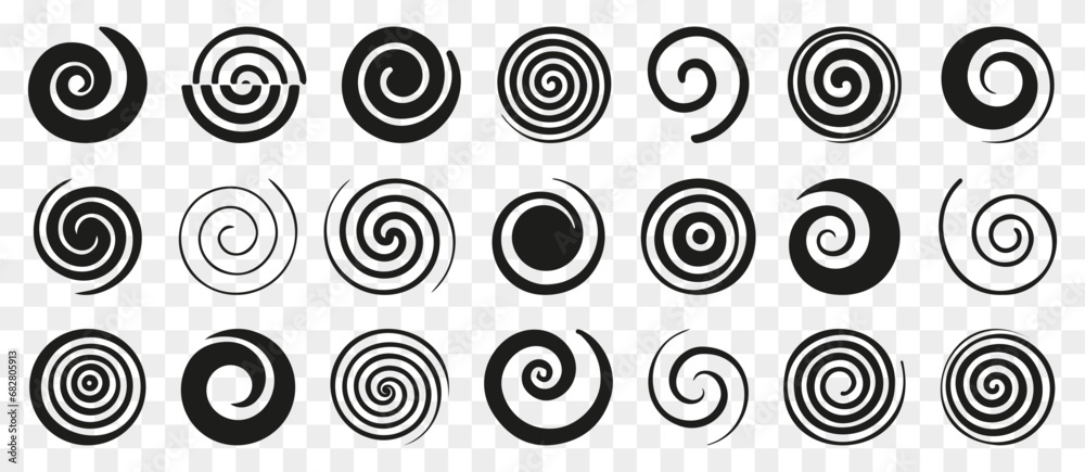 Funnel or swirl icons. Black vortex logo. Set of spiral element. Funnel icon collection - obrazy, fototapety, plakaty 