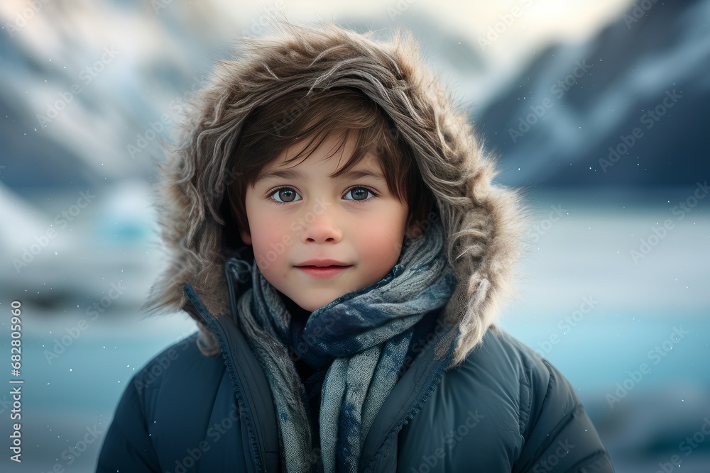 Snuggly Child boy in warm winter clothes at village. Street fun. Generate AI Snuggly Child boy in warm winter clothes at village. Street fun. Generate AI
