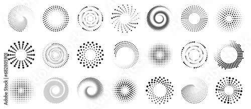 Spiral halftone dot element collection. Black spiral decoration. Circle spiral texture photo