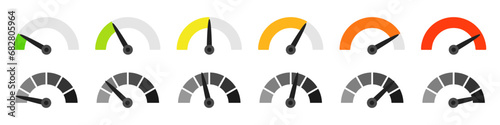 Set of gauge measuring indicator icons. Speedometer, measure indicator, gauge meter icon collection. Set of scale, level of performance