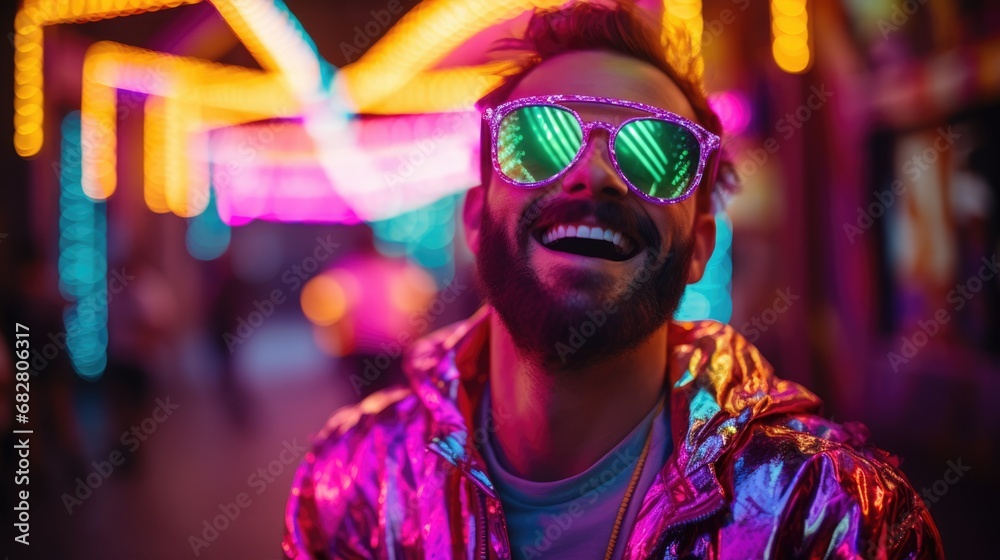 Smiling happy young man in cool colorful neon outfit. Extravagant style, fashion concept background Smiling happy young man in cool colorful neon outfit. Extravagant style, fashion concept background