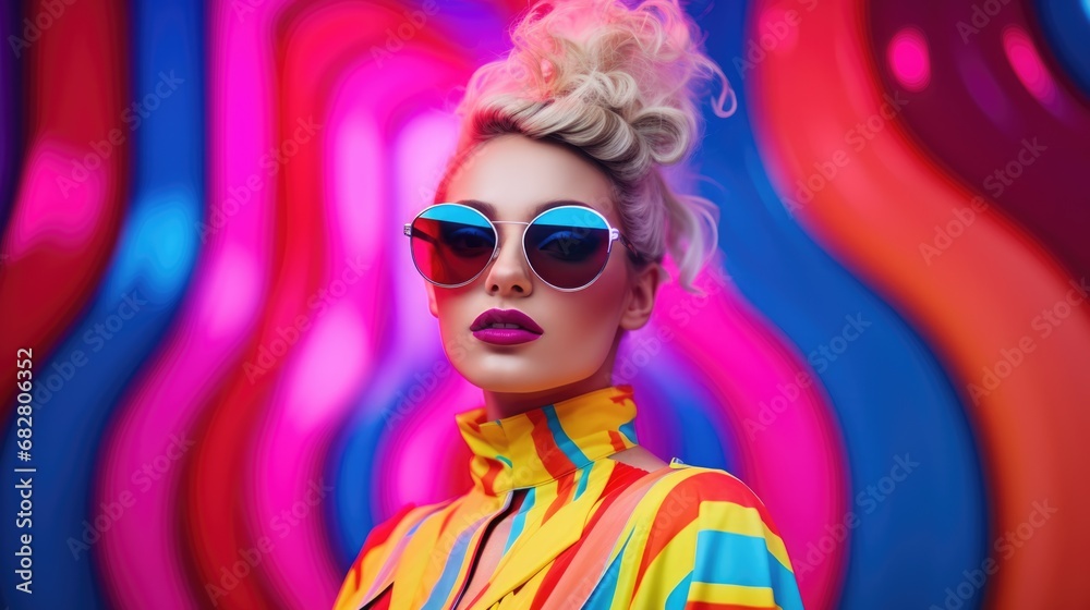 Smiling happy young woman in cool colorful neon outfit. Extravagant style, fashion concept background Smiling happy young woman in cool colorful neon outfit. Extravagant style, fashion concept background