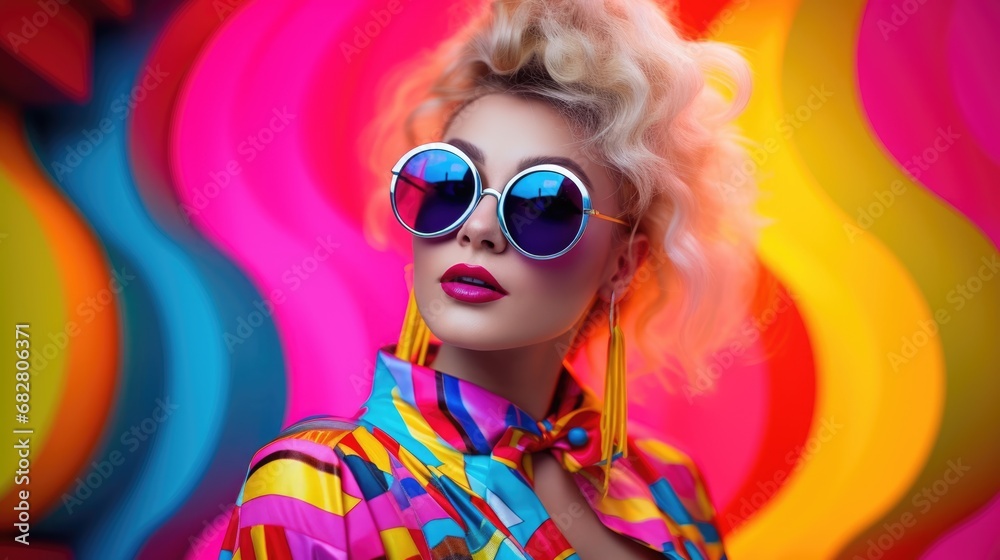 Smiling happy young woman in cool colorful neon outfit. Extravagant style, fashion concept background Smiling happy young woman in cool colorful neon outfit. Extravagant style, fashion concept background