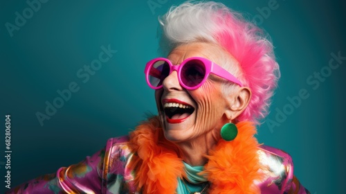 Smiling happy senior woman in cool colorful neon outfit. Extravagant style, fashion concept background
