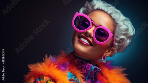 Smiling happy young woman in cool colorful neon outfit. Extravagant style, fashion concept background