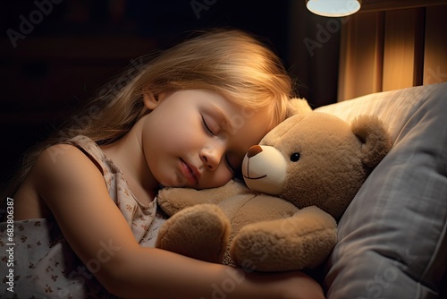A girl child sleeps in bed with a slight smile on a calm face hugging a toy bear in a cozy dark room.