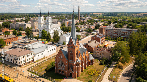 Aerial photo from drone to Daugavpils Martin Luther Cathedral of the Blessed Virgin Mary on a beautiful sunny summer day. Daugavpils, Latvia, Latgale, Europe
