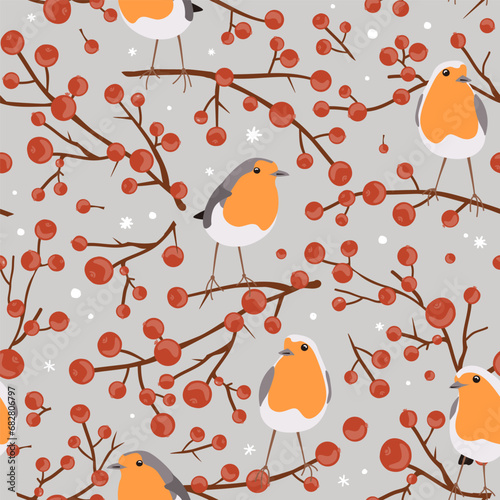 Robin birds and red berries branches, seamless Christmas pattern, winter vector illustration, print on grey background