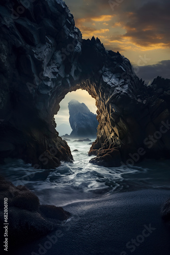 rocky archway on a beach, with a view of the ocean and a sunset in the background, ai generative