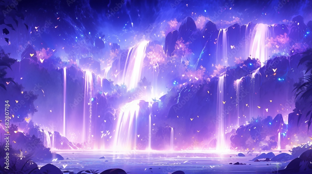 the water and mountain reflects the deep purple and blue light, in the style of cosmic fantasy