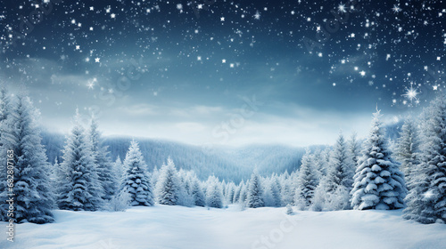 Christmas Winter Wonderland Scene with Snowy Fir Trees © sunanta