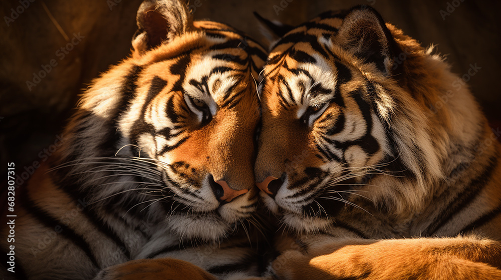 Fototapeta premium Emoção animal , capturando o abraço terno de casal de tigres 