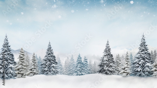 Christmas Winter Wonderland Scene with Snowy Fir Trees © sunanta