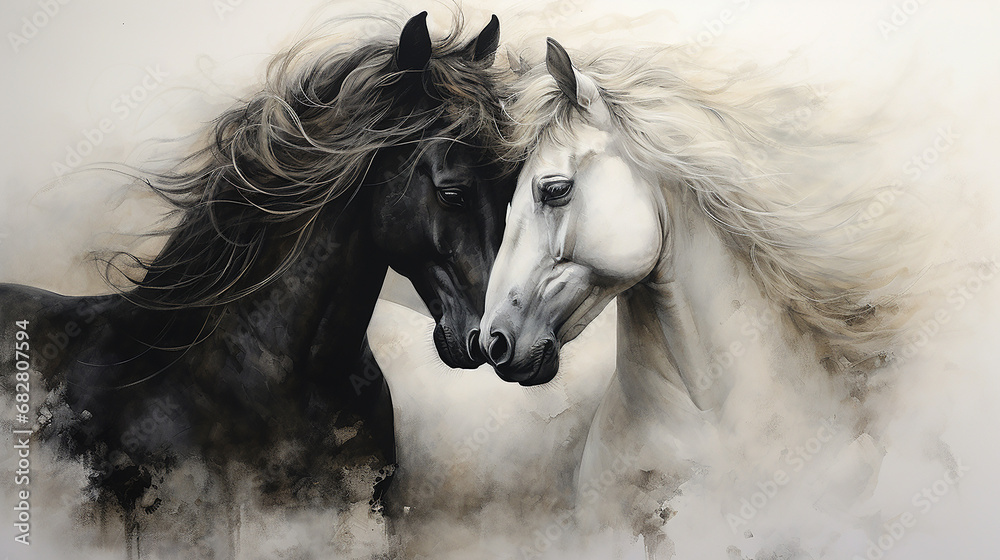 Emoção equina, capturando o abraço terno de dois cavalos majestosos em um cenário campestre idílico - obrazy, fototapety, plakaty 