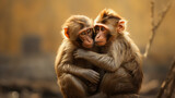 Emoção animal , capturando o abraço terno de dois macacos majestosos em um cenário campestre idílico