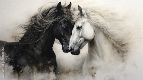 Emoção equina, capturando o abraço terno de dois cavalos majestosos em um cenário campestre idílico