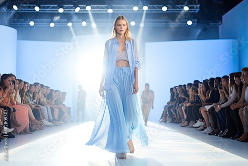 Beautiful girl top model walking down the runway in stylish summer casual wear. Show of designer clothes at the week of high fashion.