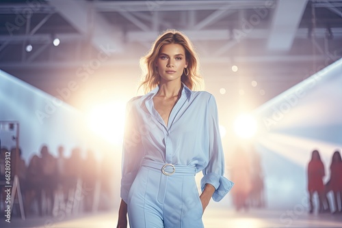 Beautiful girl top model walking down the runway in stylish summer casual wear. Show of designer clothes at the week of high fashion.