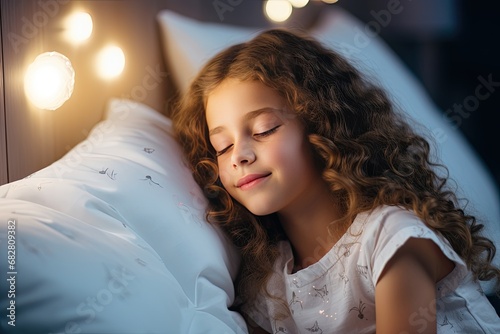 Close-up of a 10-year-old girl child sleeping in bed with a slight smile on her calm face in a cozy dark room illuminated by Christmas lights.