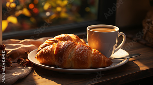 Cup of coffee and croissants on table in morning light