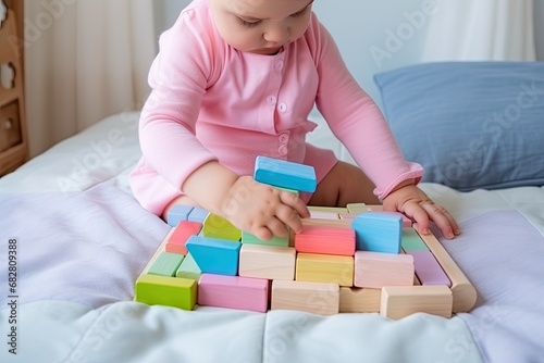 A little girl child sits on the floor and plays with wooden toys in a cozy bright room. The baby is building a house, a tower of pink and blue cubes.