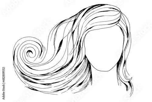 Black-white vector freehand drawing. Girl without a face with beautiful wavy long hair. For a beauty salon, hairdresser, cosmetics.