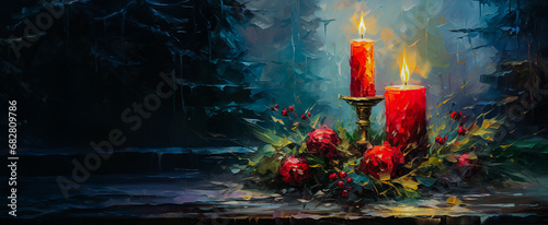 Dwie czerwona, płonące, świąteczne świece ze stroikiem. Farba olejna. Świąteczna atmosfera. Miejsce na tekst.