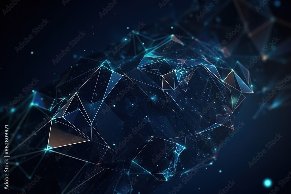 Fototapeta premium Abstract background, futuristic technology with polygonal shapes, particle grid, computerised geometric digital communication structure. AI generation