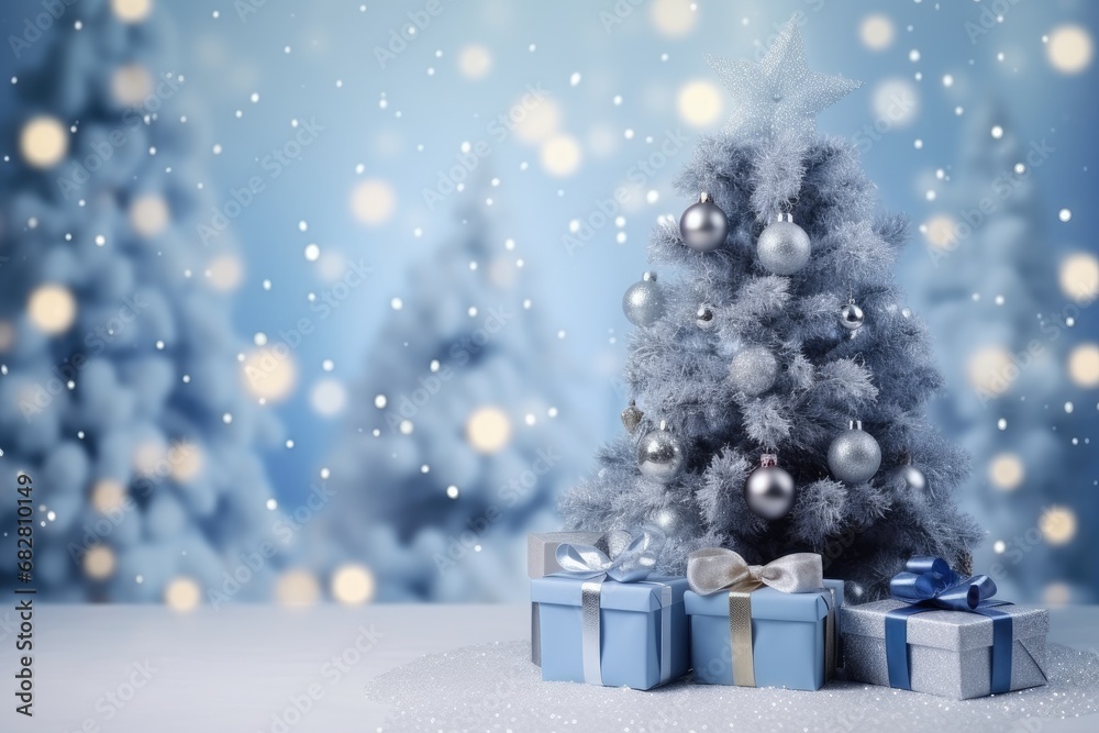 A small decorative Christmas tree next to gift boxes on a blurred background of a winter forest surrounded by snowflakes and lights. Silver blue New Year illustration. A small decorative Christmas tree next to gift boxes on a blurred background of a winter forest surrounded by snowflakes and lights. Silver blue New Year illustration.