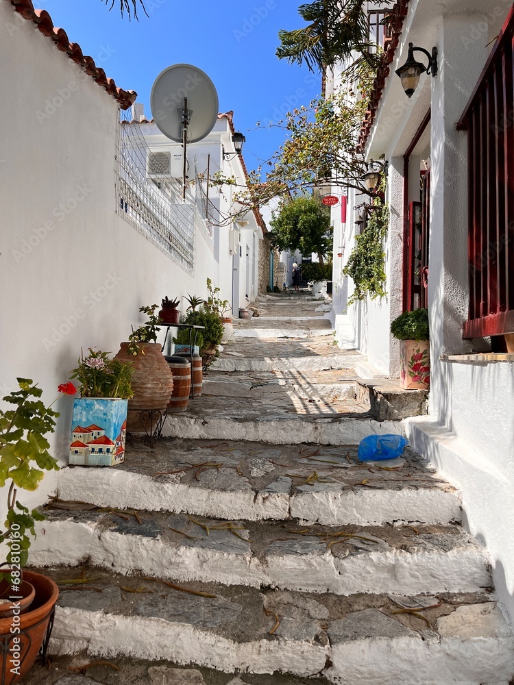 Naklejka premium narrow street in village city, Skiathos, Greece.