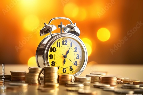 Alarm clock and currency stacking on yellow background stock photo, in the style of clockpunk