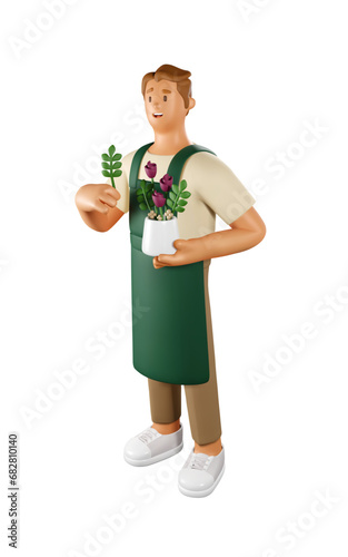 3D Florist Vector Illustration. Cartoon Male Character of Flower seller holding a plant
