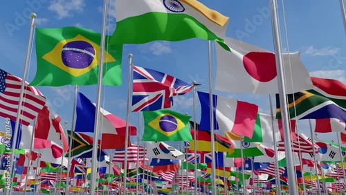 Waving flags countries of members Group of Twenty. 3d rendering. Group of twenty countrys.
Big G20 flag summit Silk waving flags countries of members Group of Twenty political world leaders 