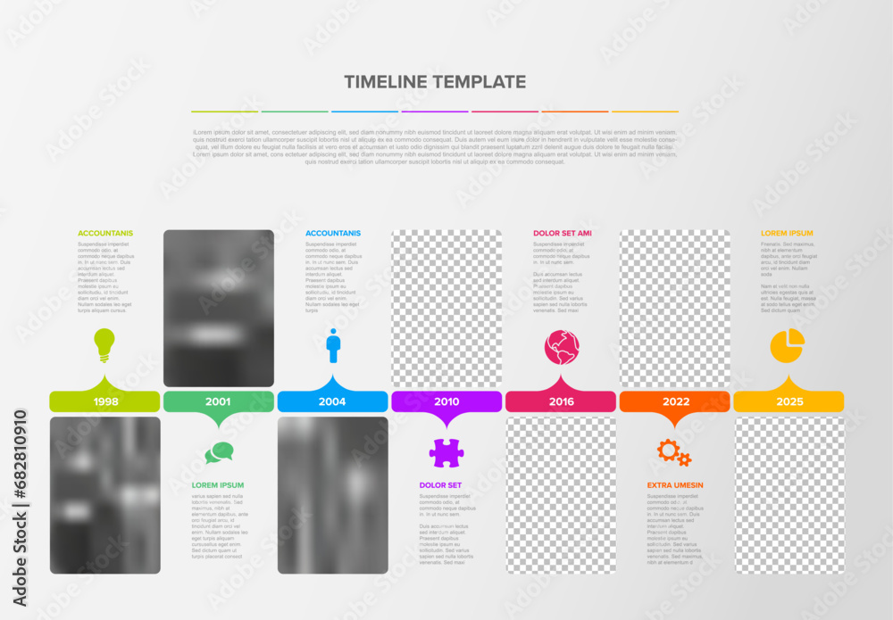 Simple timeline process infographic with color blocks and photo ...