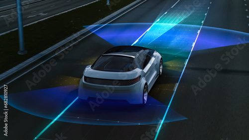 Foto Aerial Drone Following Futuristic 3D Concept Car