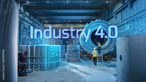 Futuristic Technology Concept: Team of Engineers and Professionals Workers in Heavy Industry Manufacturing Factory Visualized with Graphic Words Industry 4.0. High-Tech Infrastructure.