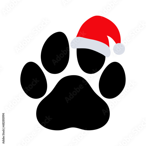 Tiempo de Navidad. Logo pet friendly. Silueta de zarpa de perro o gato con sombrero de Santa Claus para su uso en tarjetas y felicitaciones