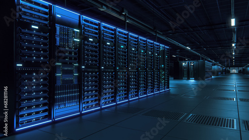 Modern Data Technology Center Server Racks Working in Dark Facility. Concept of Internet of Things, Big Data Protection, Cryptocurrency Farm, Cloud Computing. 3D Shot of Information Storage Facility.