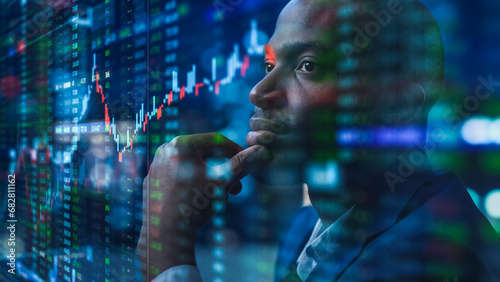 Portrait of Black Stock Market Trader Doing Analysis of Investment Charts, Graphs, Ticker Numbers Projected on Face. African American Financial Analyst, Digital Entrepreneur Successfully Trading