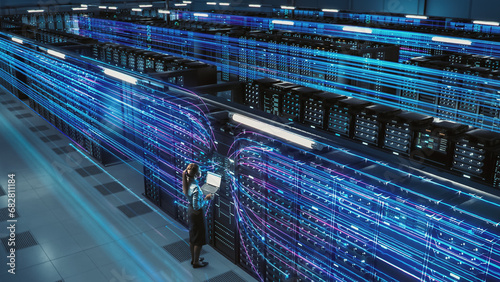 Wallpaper Mural 3D Graphics Concept: Big Data Center Female Chief Technology Officer Using Laptop Standing In Warehouse, Activates Servers, Information Digitalization Starts. SAAS, Cloud Computing, Online Service Torontodigital.ca