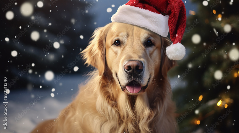 golden retriever com boné de Natal, decorações de Natal em um fundo com neve e árvore de Natal golden retriever com boné de Natal, decorações de Natal em um fundo com neve e árvore de Natal