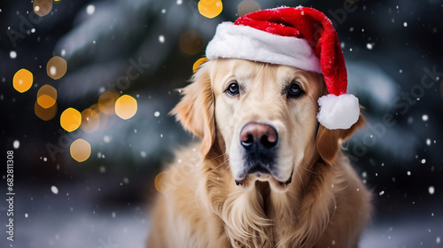 golden retriever com boné de Natal, decorações de Natal em um fundo com neve e árvore de Natal